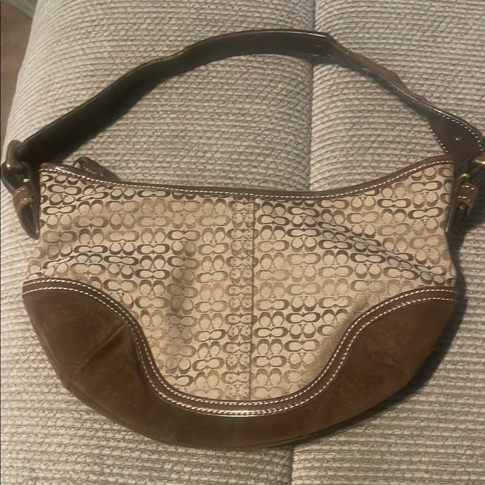 Coach Brown and Cream Crescent Shoulder Bag with Textured Design